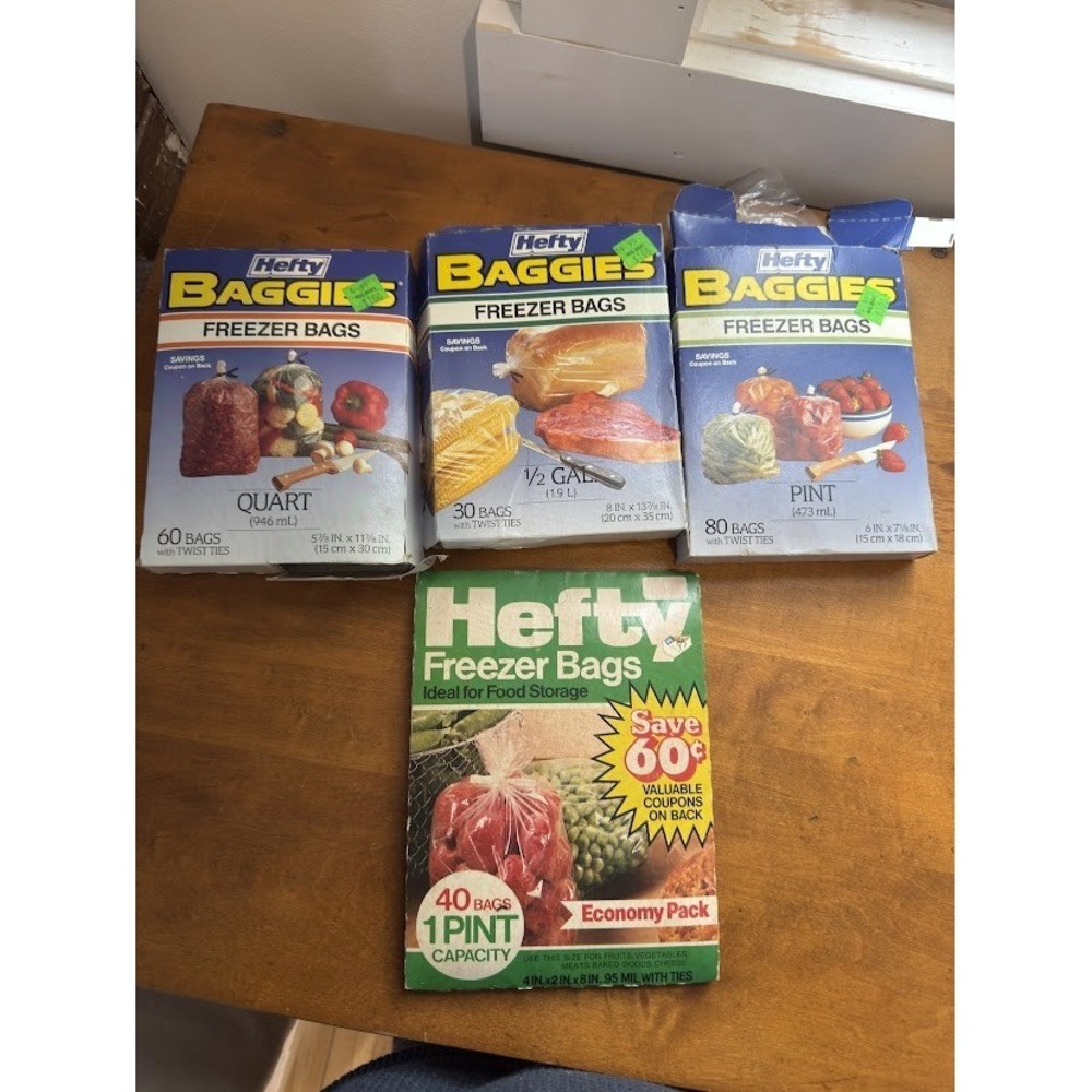 NOS Vintage Hefty Baggies Freezer Bags Pint Quart 1/2 Gallon Some Sealed